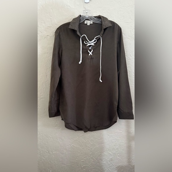 Cloth & Stone Lace-Up Long Sleeve Pullover Top Olive Brown Size Small - Picture 2 of 6
